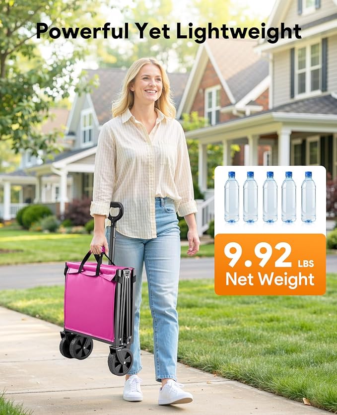 Wagons Carts Foldable, Collapsible Wagon Cart Foldable, 220LBS Heavy Duty Folding Wagon Carts with Wheels, Portable Utility Cart for Grocery Sports Garden Shopping Camping, Pink