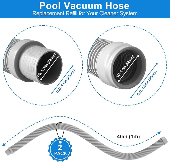 Poolvio Pool Vacuum Hose 2-Pack, Spare & Replacement, 40" Flexible Spiral-Wound Hose with 1.5" Male & Female Cuff Ends, Compatible with Most Inground Pool Automatic Cleaners, Gray