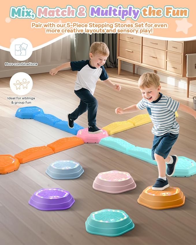 Holyton Balance Beam and Stepping Stones for Kids – 13PCS Light Up & Musical Toddler Balance Beam Obstacle Course, Non-Slip Sensory Toys for Toddlers 3-8, Indoor Outdoor Play, Gift for Boys Girls