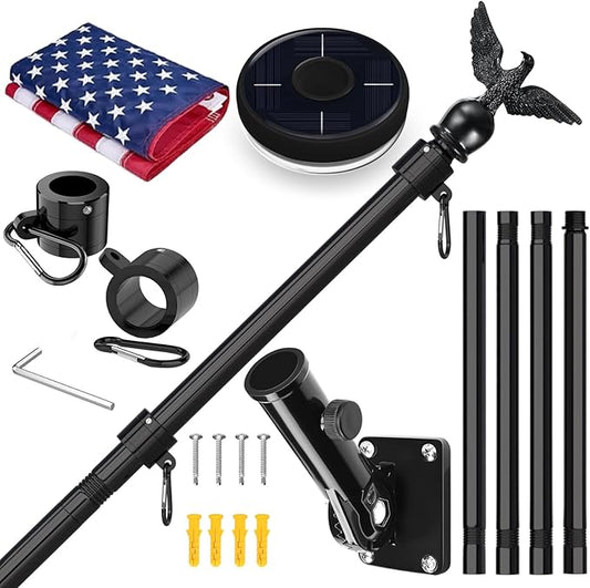 LETSTRY 5FT Flag Pole Kit for Outside House with American Flag & Solar Light,1" Thickened Stainless Steel Wall Mount Flagpole with 180°Adjustable Bracket for Residential Outdoor Porch, Black