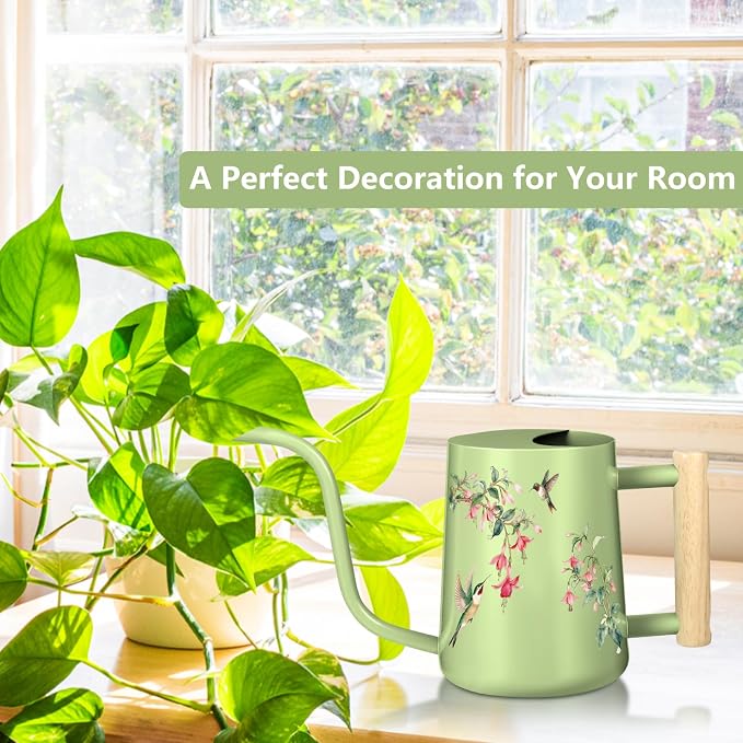 Watering Can Indoor Plants, 35oz Small Stainless Steel Metal Watering Can Modern Decorative Watering Pot with Long Spout for Indoor House Plant Bonsai Garden Flowers (Saga Green 2)