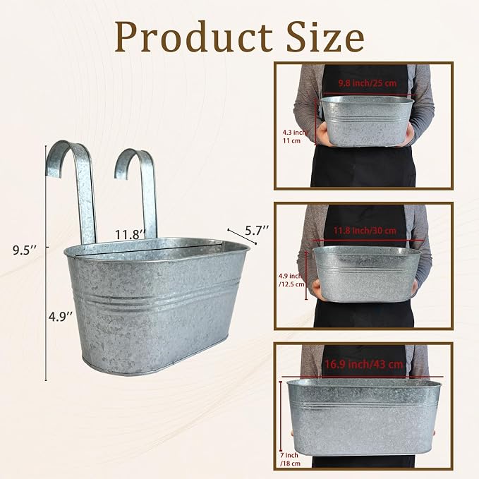 Balcony Galvanized Hanging Planters Railing Flower Pots, Outdoor Metal Fence Planter Pot with Detachable Hooks Drain Hole for Garden Patio Yard Decor (12 Inch, 6Pcs)