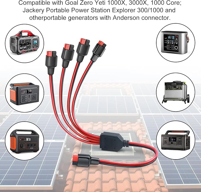 Anderson Y Splitter Cable 1 to 4 Solar Panel Anderson Branch Parallel Adapter Cable for Portable Solar Generator Power Station Compatible with GZ Jackery High Power Pole Port Connector