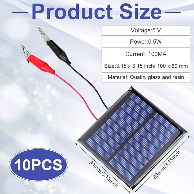 Tellegloww 10 Pcs 0.5w 5v 100ma Mini Small Solar Panel Bulk 80 x 80 mm Micro Solar Panels with Wire Clips Module Kit DIY Solar Epoxy Cell Charger Photovoltaic Cell for Light Charger Flashlight