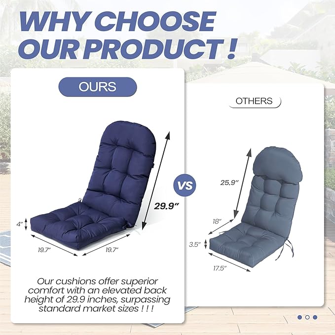 Crestlive 50x20x4 Inch Adirondack Chair Cushions Set of 2, Rocking Chair Cushions, Thickened High Back Patio Chair Pad for Indoor&Outdoor, Water Resistant Cushions for Adirondack Chair, Navy
