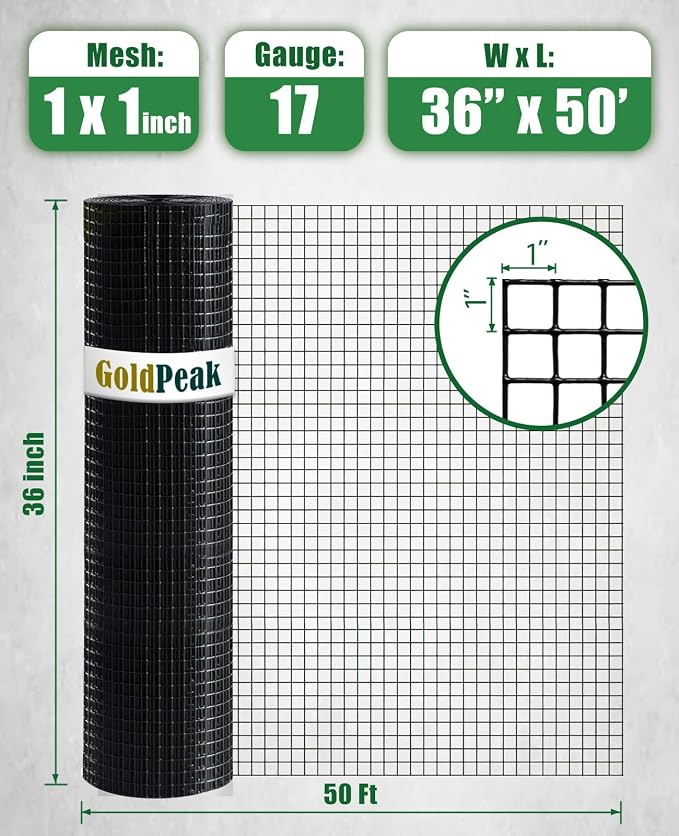 GoldPeak Black Hardware Cloth 1 inch Mesh 36'' x 50' 17-Gauge, Vinyl Coating Chicken Wire Mesh Roll, Chicken Wire Fencing, Graden Fence, Wire Fence Roll