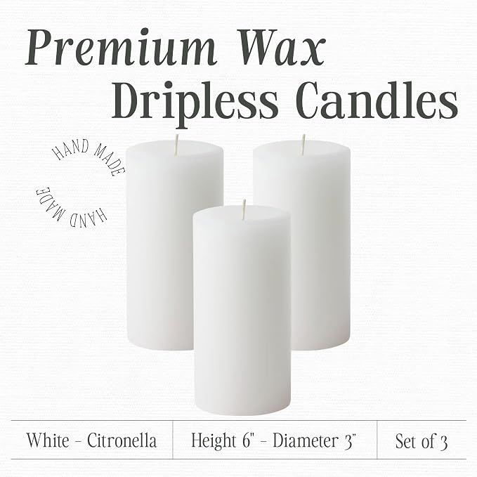 Mister Candle Citronella Candles, Ideal for Outdoor & Indoor, 3x6 Pillar Candles Set of 3, Hand Poured White, Premium Wax & Dripless, 60 Hour Burn Time