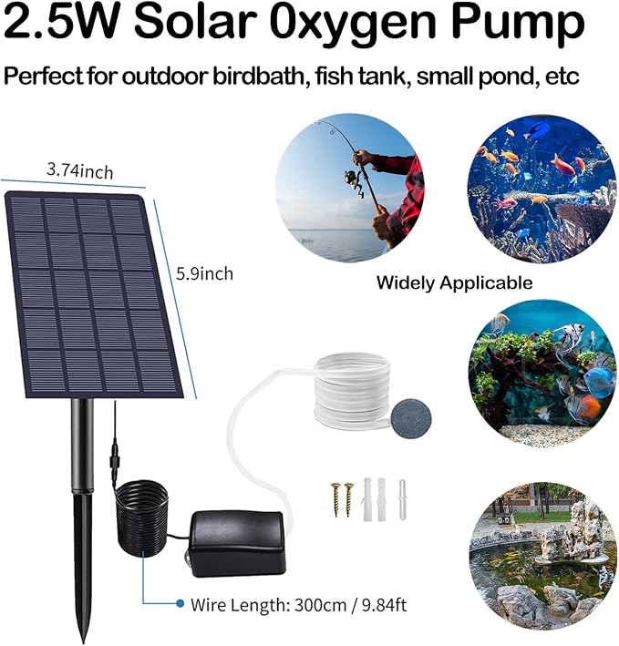 Solar Fish Tank Oxygen Pump, 2W Plug-in Aquarium Oxygenator, Fishing Oxygenator Air Pump with Piped Bubble Rock for Fish Tanks, Outdoor Ponds (Single Head Direct Drive)