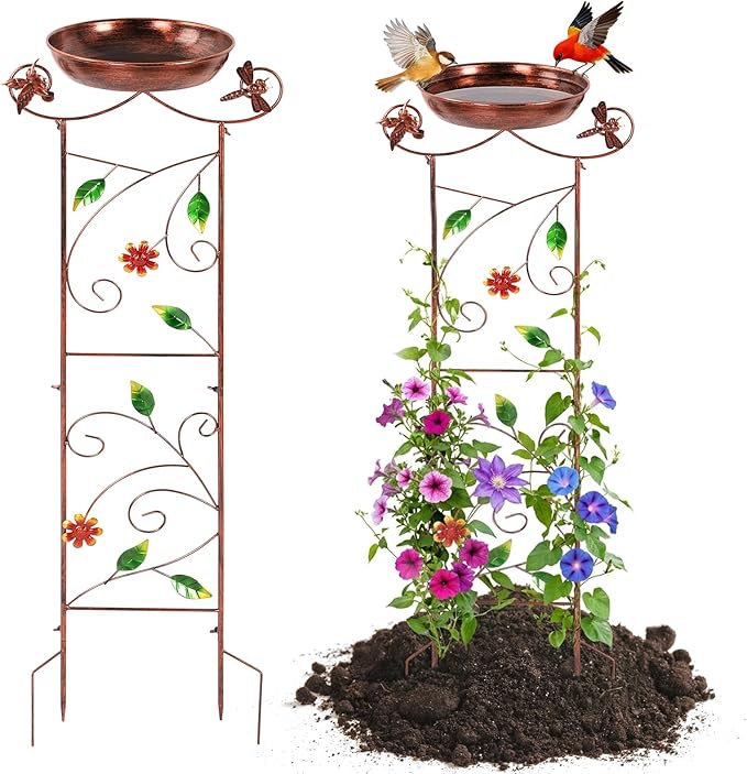 Metal Bird Bath for Outside 40.5" Garden Trellis BirdBath with Hummingbird Decor Small Garden Plant Support Freestanding BirdBath Birdfeeder for Yard, Patio, Garden Decor