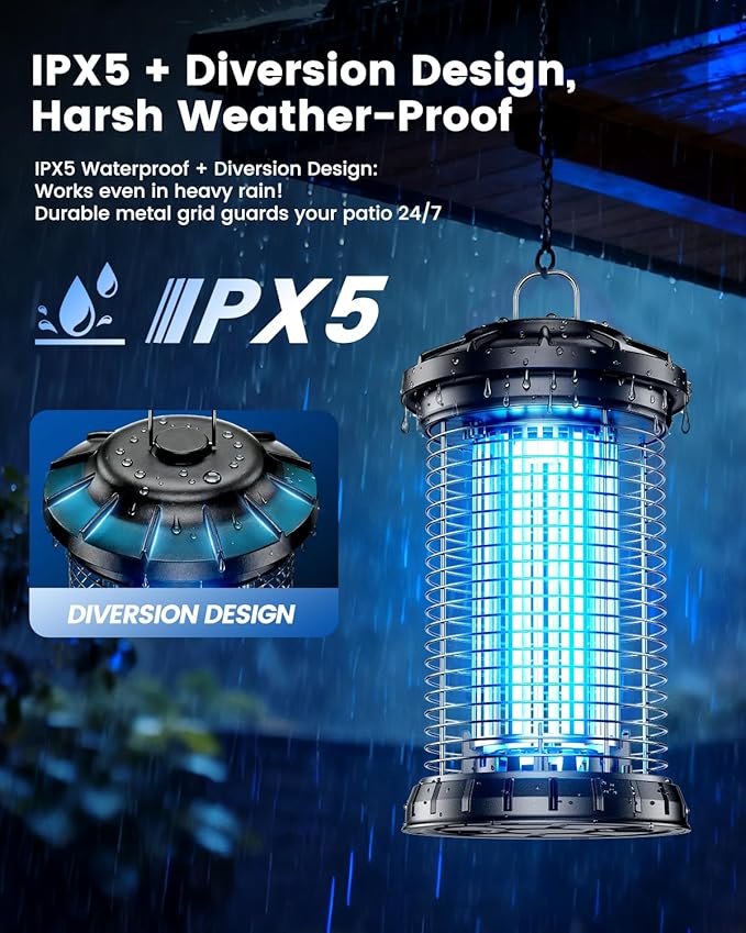 Bug Zapper for Outdoor, 4200V Smart High Voltage with Dual-Wavelength UV, CO2 Mimic, IPX5 Waterproof Insect Trap for Patio, Backyard, Garden