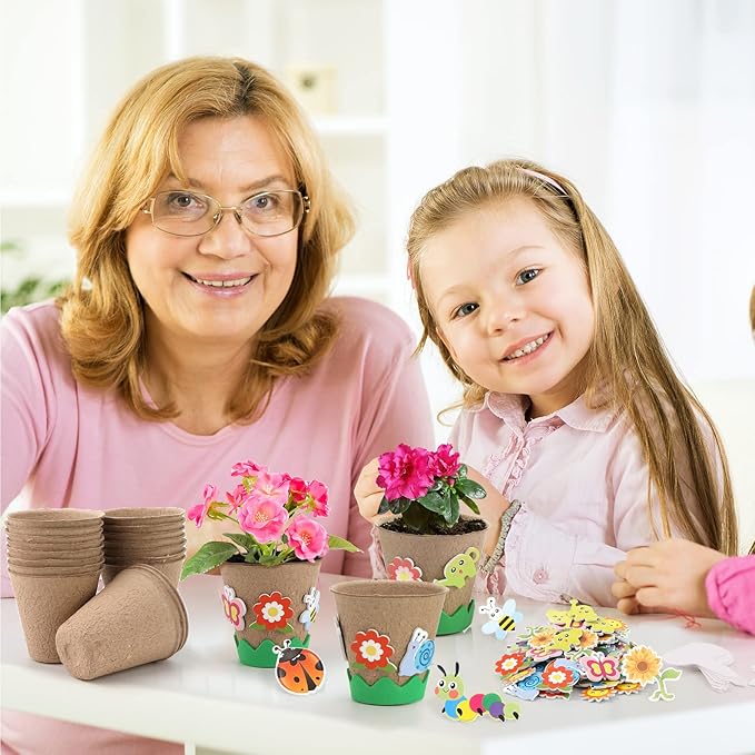 Ayfjovs Garden Paper Pot Craft Kit, 30 Pack Flower Growing Kit for Kids with 120 PCS Adhesive Foam Stickers and 30 PCS Plastic Plant Labels for Kids Science, Classroom Decoration, Mother's Day