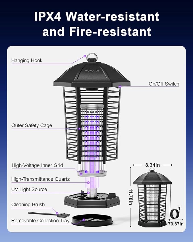 WowCatch LED Bug Zapper Outdoor, IPX4 Weatherproof, Up to 50,000 Hrs Lifespan (No Bulb Replacement) Mosquito Killer, 4200V Electric Fly Zapper for Open Patios, Backyard, Home, Camping