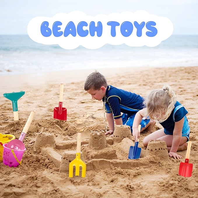 Beach Toys, 6 Pcs Kids Gardening Set, 8'' Kid Metal Sand Toys Sandbox Toys with Sturdy Wooden Handle, Children Beach Sand Toys Gardening Set, Beach Shovels for Kids Ages 3-8