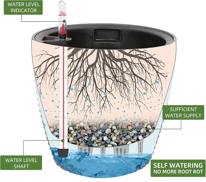 Dexceder 9x8 Self Watering Planter (Deep Gray Rattan) | Inner Pot Design, Thickened Table Flower Plant Pot with Water Level Indicator Indoor Outdoor