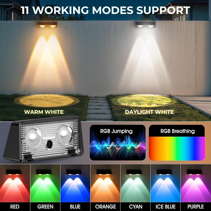 Fence Lights Solar Powered, Led Solar Fence Lights Outdoor IP65 Waterproof, Warm/Cool White and RGB Colors Changing Solar Wall Lights for Garage Backyard Railing Step Patio Pool - 2Pack