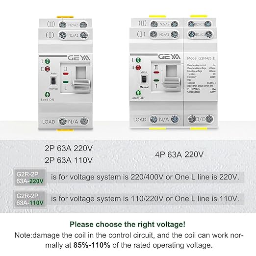 GEYA Mini ATS Dual Power Automatic/Manual Transfer Switch, Over & Under Voltage Protection Solar Auto Switch Uninterrupted Power Din Rail(2Pole 63A AC220V)