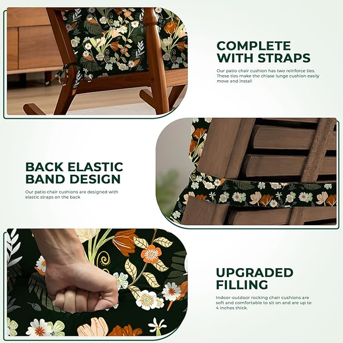 Adirondack Chair Cushion Waterproof Indoor Outdoor Rocking Chair Cushion 44 Inches Patio High Back Chair Cushions Thickened Adirondack Rocking Chair Cushions with Ties, Black Peony