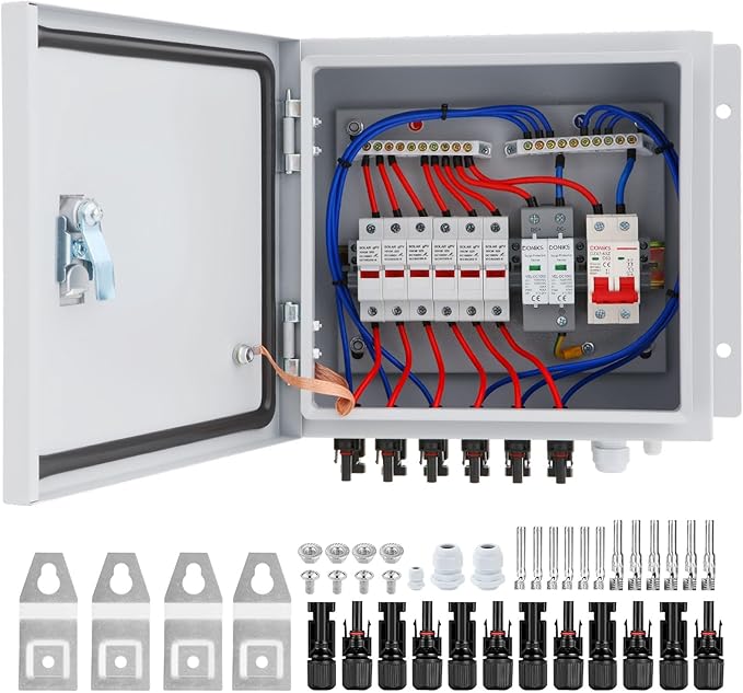 Doniks 6 String Metal Solar Combiner Box, IP65 Waterproof PV Combiner Box with 20A Rated Current Fuse, 63A Air Circuit Breaker,Lightning Arrester, Metal Box for On/Off Grid Solar Panel System