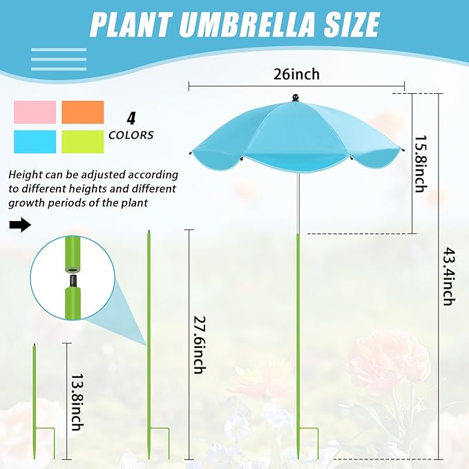 Axcoix 4 Pack Upgraded Plant Umbrellas for Outdoor Plants, 26" Larger Garden Plant Umbrella Shade with Adjustable Angle, 43.4" Higher Sun Shade for Plants, Potted Plant, Garden Beds