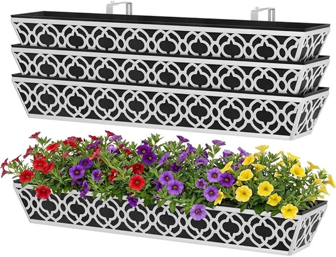 Y&M 4Pcs 36'' Railing Planter Box Set with Adjustable Brackets, Large Hanging Window Boxes for Fence, Deck, Balcony, and Garden, Gray Metal Frame with Black Nonwoven Fabric Liner