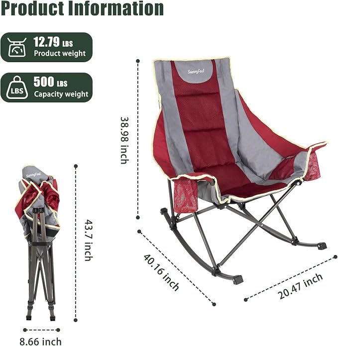 SUNNYFEEL Rocking Camping Chair 2 Pack Fully Padded Patio Folding Chair Portable Oversized Outdoor Rocker High Back Lawn Recliner with Side Pocket Camp Rocker Chairs for Adults Heavy Duty 500 LBS Red