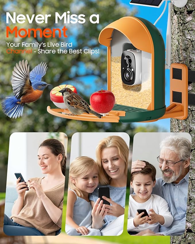 Bird Feeder with Camera, Smart Birdfeeder with Cam Solar Powered, 2K HD Video, AI Identification, Instant Arrival Alerts, IP66 Bird Bath & Feeder,Gift for BirdLover (with Stand, Dark Green)