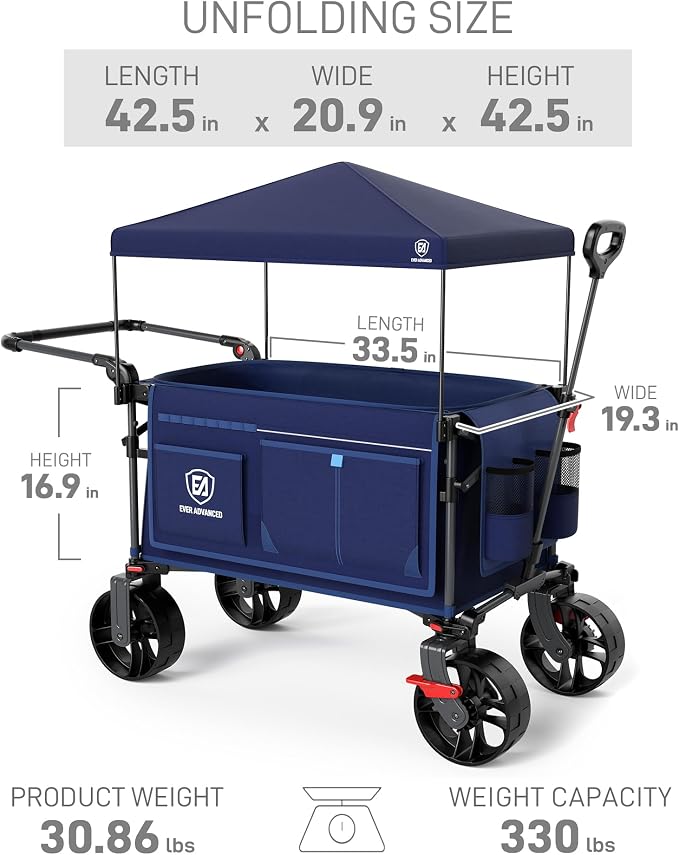 EVER ADVANCED Folding Push Wagon with Canopy, Portable Shopping Cart with Brakes, Collapsible Wagon Cart with All-Terrain Big Wheels for Camping, Beach, Sports