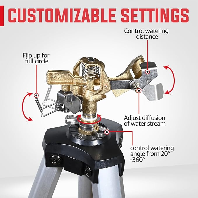 YAMATIC Tripod Impact Sprinkler for Yard Large Area, Heavy Duty Metal Lawn and Garden Sprinkler, 18"-36" Adjustable Height, 20°-360° Rotation Control, 3/4" Brass Quick Connect for Garden Hose, 1 Pack