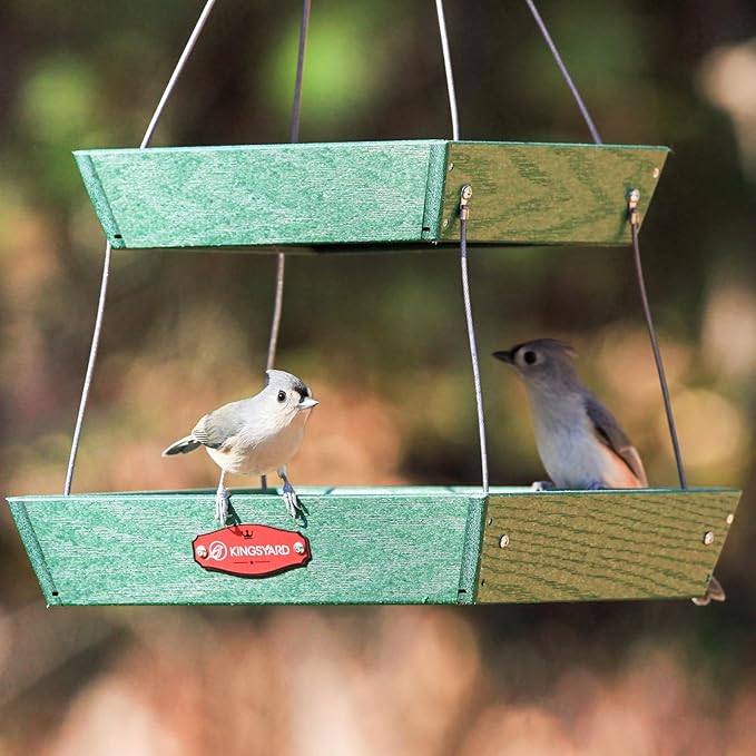 Kingsyard 2 Tier Large Platform Bird Feeders for Outdoors Hanging, 5 lbs Capacity Recycled Plastic Flat Mealworm Bird Feeder Tray, Garden Decoration Attracting Cardinal Blue Jay, Green