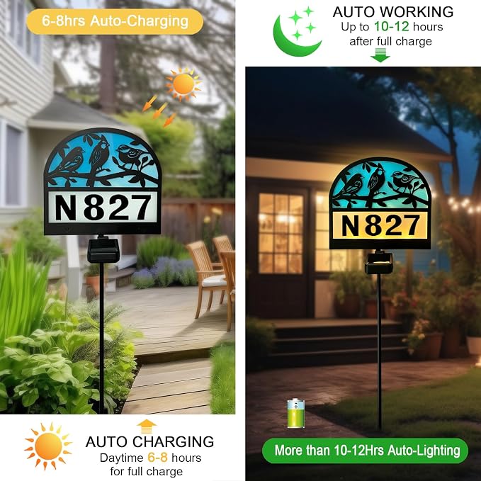 Solar Address Signs for Houses,Metal Birds House Number Yard Garden Stake | Outdoor House Address Sign Decor for Front Yard Garden,Outside,Lawn,Patio,Pathway