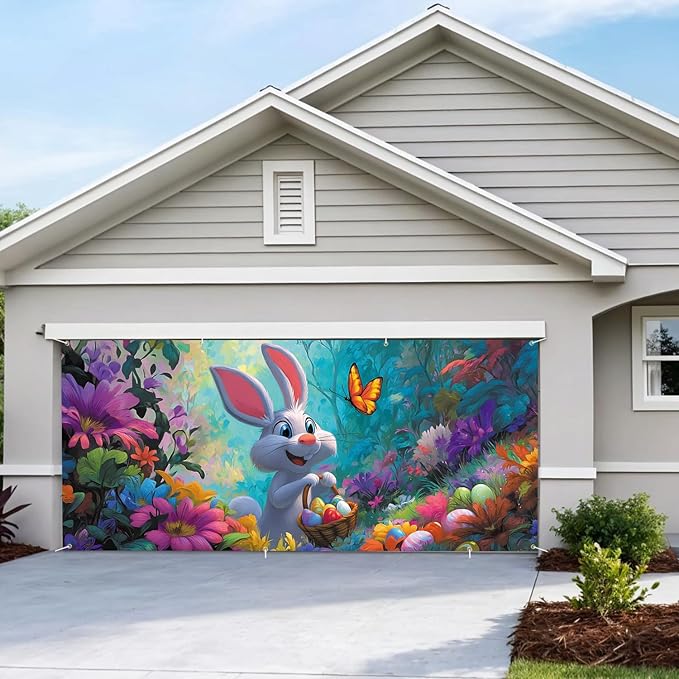7 * 16FT Summer Garage Door Cover Decorations Sunset Palm Trees Garage Door Banner for Outdoor Indoor Summer Party Photography Backdrop (easter rabbit, 6 * 13 ft)