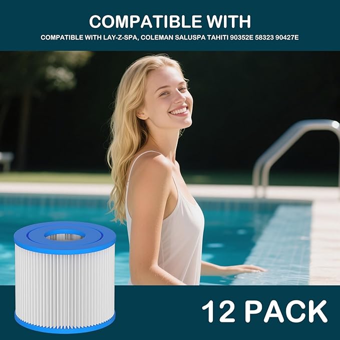 Type Ⅵ Hot Tub Spa Filter Replacement Compatible with Lay-Z-Spa, Coleman SaluSpa 90352E 58323 90427E, Inflatable Hot Tub, Swimming Pool Pump Filter Type Ⅵ Cartridge, 12 Pack