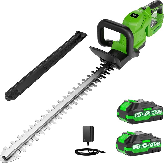 20-Inch Cordless Hedge Trimmer (Includes 2 Batteries and Charger), Electric Handheld Bush Trimmer, 180° Rotatable Handle, Grass Shrub Trimmers, Lightweight & Compact Green
