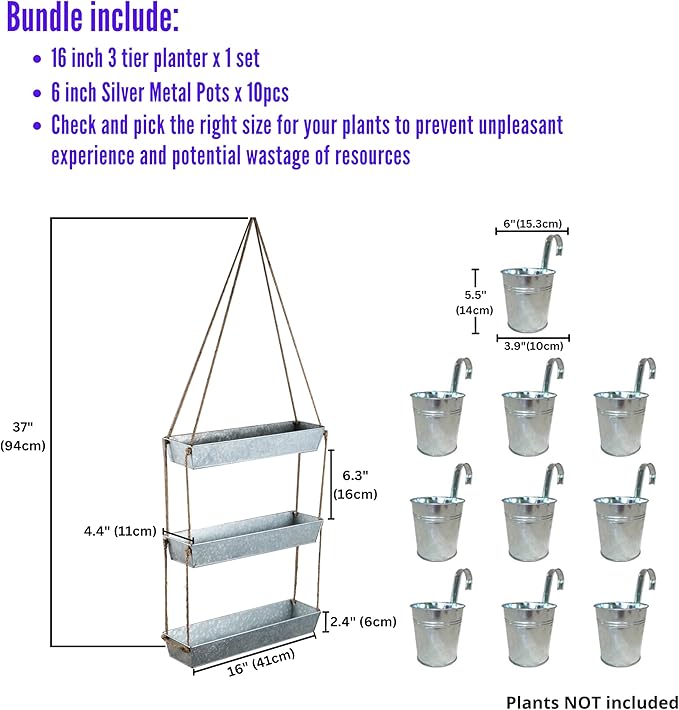 LaLaGreen Bundle - 3 Tier, 16 Inch Wall Hanging Planter + 10 Pack, 6 Inch Silver Metal Flower Pots Deck Railing Fence Balcony, Succulent Rectangle Long Large Hanging Vertical Shower Plant Garden Decor