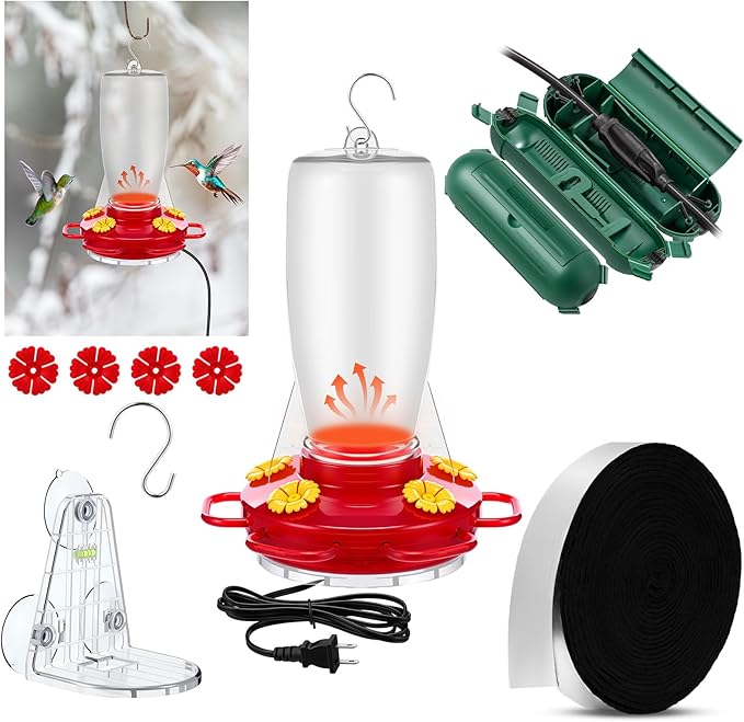 Relaxweex Heated Hummingbird Feeders Outdoor 2 in 1 Winter Hanging Heated Bird Feeders with Pipe Insulation Tape, Extension Cord, Safe Cover, Suction Cup for Outside Anti Freezing Window Winter Garden