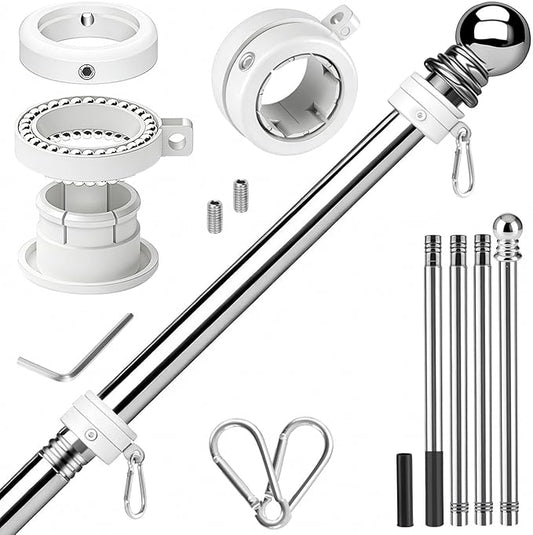 Flag Pole for Outside House, Heavy Duty Metal Flagpole for Residential, Outdoor or Porch, Stainless Steel Flag Poles, Upgraded Tangle Free Design, 1 Inch (5 FT, Sliver)