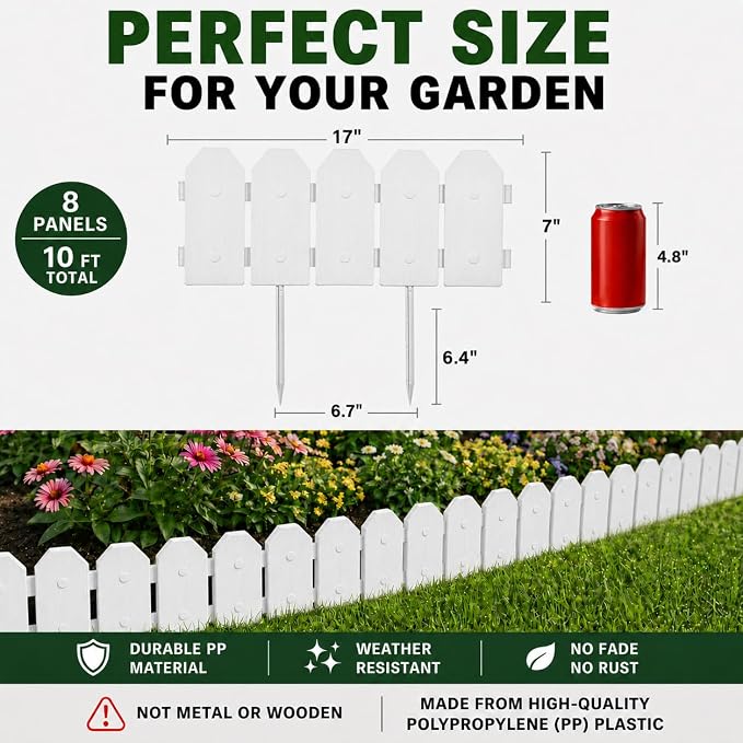 Evelyne Garden Border Edging: Wooden Grain Fence Dog Ear Design - Landscaping Fence Liner Lawn Edge Barrier - Decorative Lawn Landscape Panels Elements -Landscaping Edging (White, 10ft.)