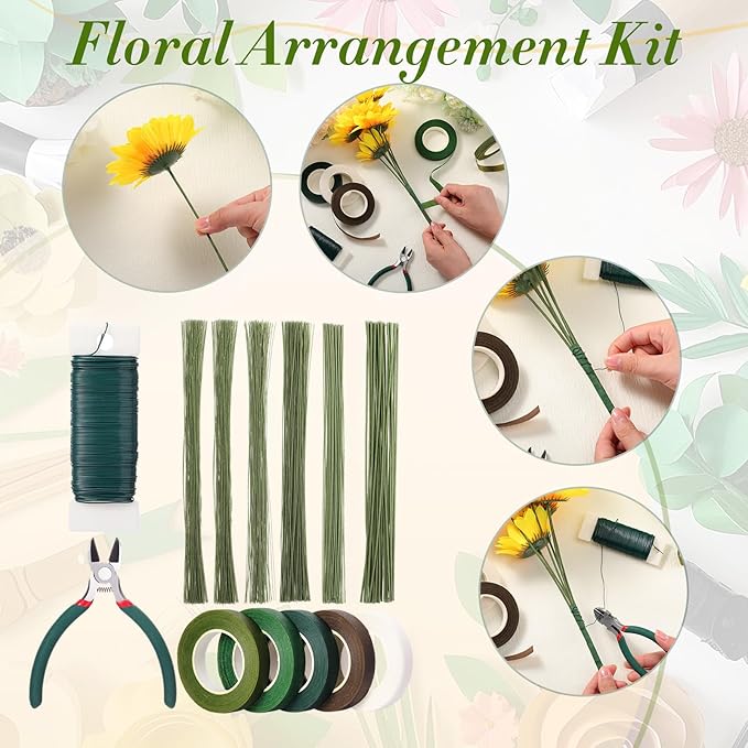 Blulu Floral Arrangement Kit, 13 Pcs Flower Arrangements Supplies Includes Gauge Paddle Wire, 18 20 22 24 26 Gauge Floral Wire Stems, Green Tape, Cutter Scissor, Bouquet Accessories for DIY Crafts