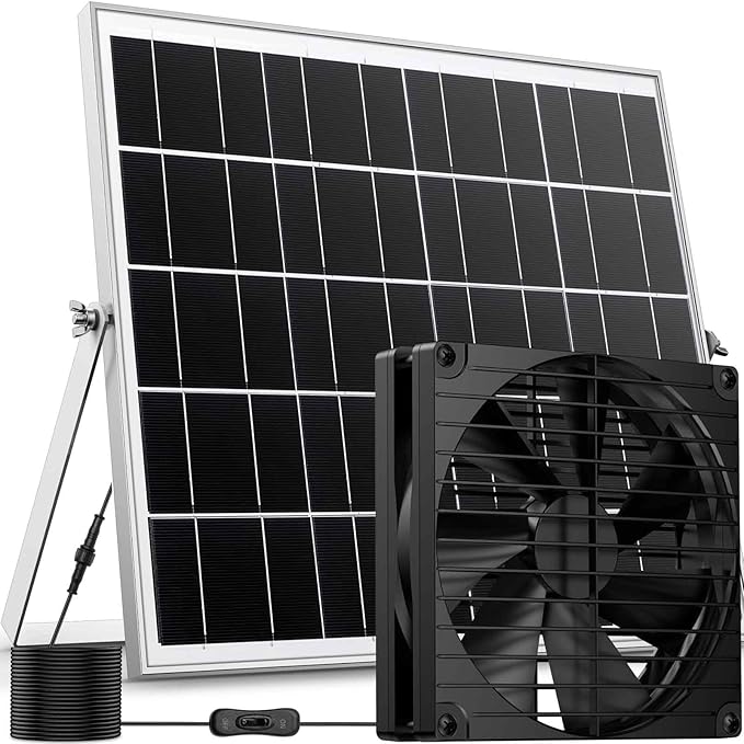 7 Inch Large Airflow Solar Powered Fan Exhaust Vent for Outside Greenhouse Chicken Coop Shed Trailer, IPX7 Waterproof Brushless DC Motor 16.5 Ft On/Off Switch Cable