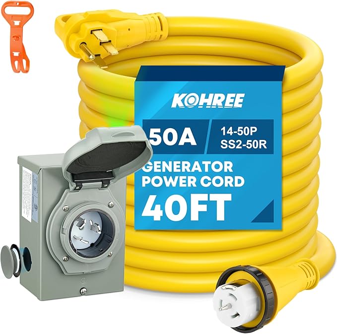 Kohree 50 Amp Generator Cord and Power Inlet Box Kit, 40FT NEMA 14-50P to SS2-50R Generator Extension Cord, 50Amp Pre-drilled Generator Inlet Box with Cable Waterproof Combo Kit, 125/250V, ETL Listed
