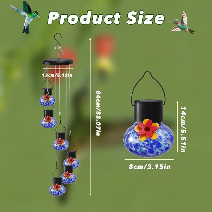 Solar-Powered Hummingbird Feeder with Wind Chime Elegance – 6 Leak-Proof Glass Ports, Frosted Design & Sea Night Lights – Perfect Outdoor Gift for Nature Enthusiasts