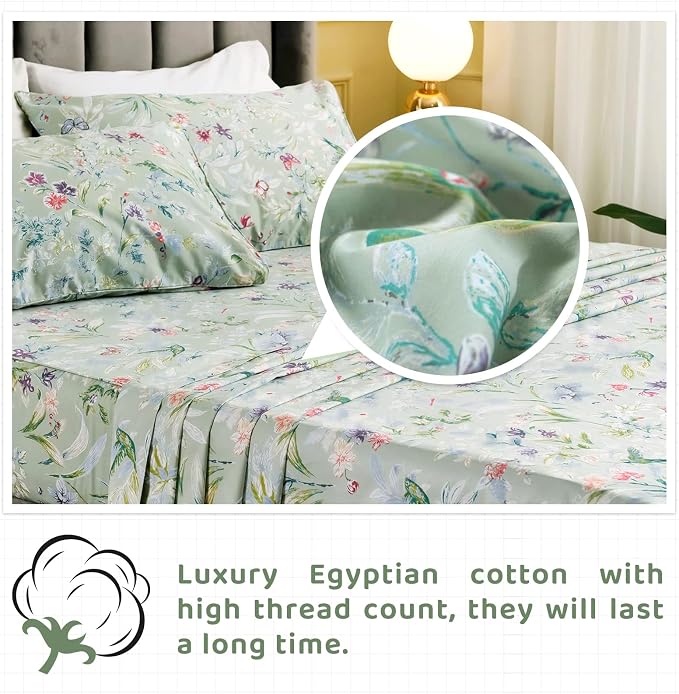 QSH Floral King Size Sheet Sets - Green Flower Bird Butterfly Print Botanical Bedding Egyptian Cotton Printed Sheets King Size Bed Extra Soft and Breathable 17.5" Deep Pockets Bed Sheets 4pcs