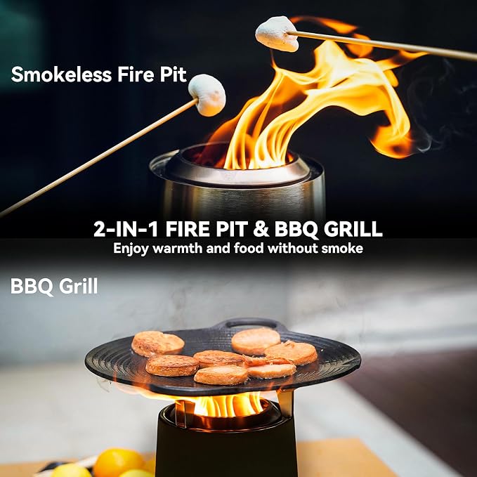 Smokeless Fire Pit with Carrying Bag & Top Bracket, 9” Portable Tabletop Fireplace, Wood Burning Camping Stove for Patio Backyard RV Tailgating, Stainless Steel, Black FP046