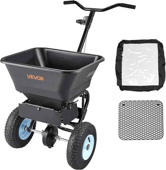 VEVOR Broadcast Spreader, 100LBS Capacity, Walk-Behind Push Spreader, 0-9.8ft Spreading Width, 13 in All Terrain Pneumatic Tires, Fertilizer Spreaders with Hopper Grate, for Seed Salt Ice Melt