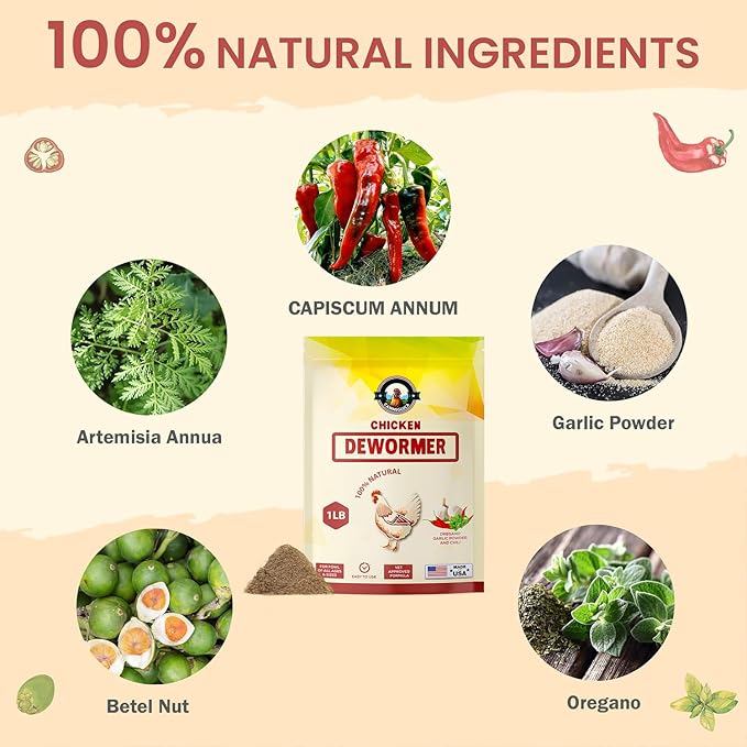 Natural Chicken Dewormer Powder, Chili Mix Formula, 1LB XL Pouch, Poultry Wormer for Laying Hens, Egg Safe, Gut Health Support, US-Made for Backyard Flocks