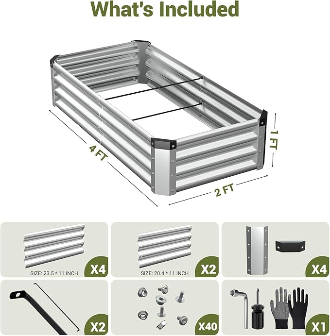 4x2x1 Ft 2Packs Metal Raised Garden Bed, Rectangular Outdoor, Garden Bed Planter Box for Vegetables, Flowers and Herbs, Color Coated Steel Raised Planter Bed Kit (Silver)
