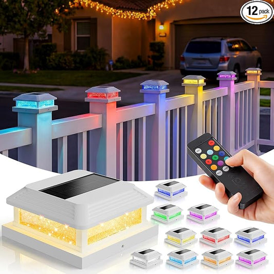 JOFIOS Solar Post Cap Lights, LED, Multi-Color, Plastic, Classic Style, Waterproof IP65, for 4/4.5/5 Inch Posts, Outdoor Patio (12, White)