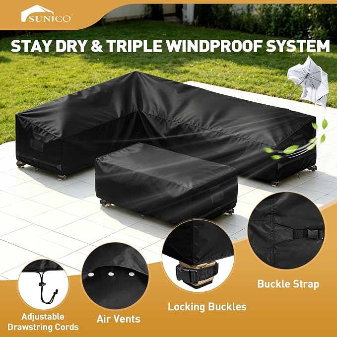 Outdoor L-Shaped Sectional Cover and Patio Table Cover Waterproof, 2PCS 420D Patio Furniture Covers, Fit 6-Seater Outdoor Sectional Furniture Couch and Tables, Triple Windproof and Anti-UV, Black