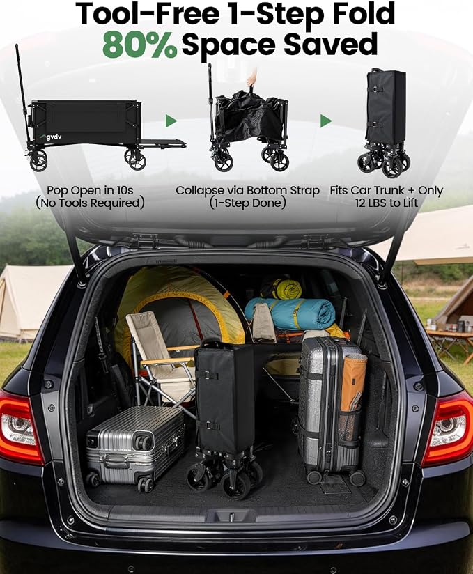 GVDV CW35 Plus Foldable Wagon Cart with Tailgate, 42-Inch Extended Handle Collapsible Utility Wagon, 330LBS Heavy-Duty Cart for Groceries, Camping, Beach, Garden, Sports