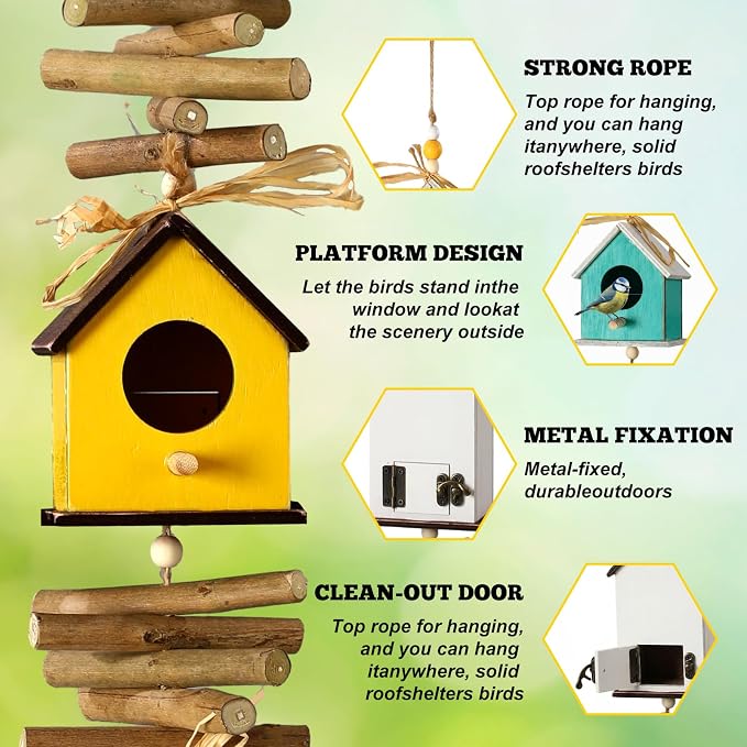 2 Pack Birdhouse Bird Feeders for Outdoor, Colourful Hanging Wooden Bird Feeder Outside Garden Yard Farmhouse Birds Feeders for Country Yard Garden Decoration for Cardinals Finches Chickadees